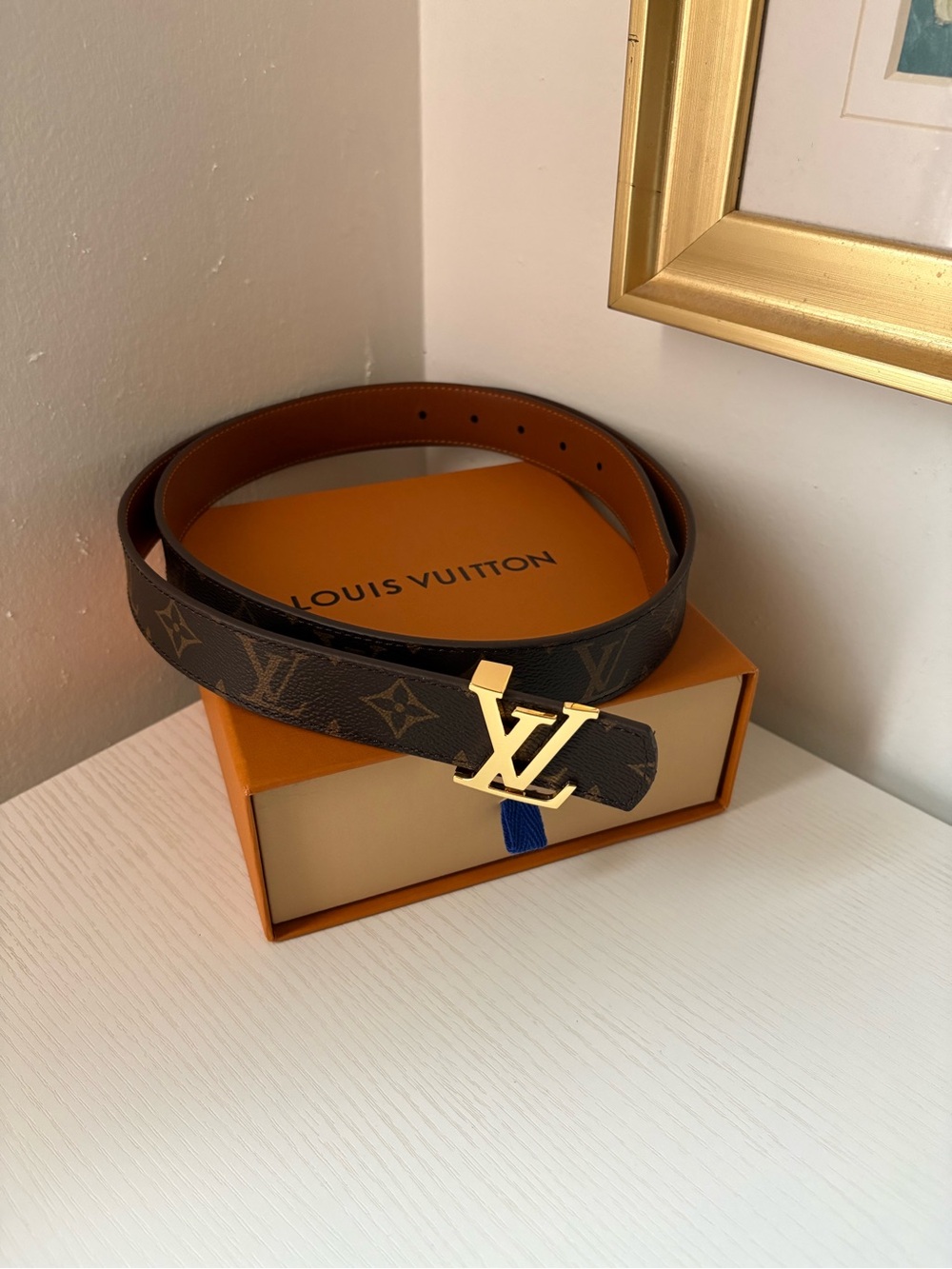 Louis Vuitton Brown Monogram Leather Belt with Gold LV Buckle - Picture 6 of 7